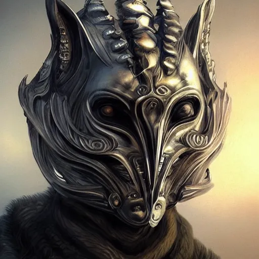 Image similar to Very very very very highly detailed epic photo of face with wolf venetian mask, intricate, dystopian, sci-fi, extremely detailed, digital painting, artstation, concept art, smooth, sharp focus, illustration, intimidating lighting, incredible art by Artgerm and Brom and Vincent di Fate