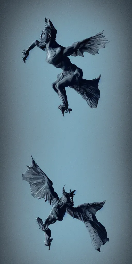 Prompt: highly detailed beautiful photography of flying gargoyle, sharp focus, dynamic lighting, elegant, harmony, beauty, masterpiece, by roberto ferry, illustration, blue background