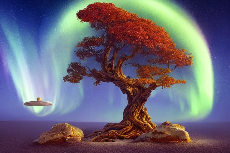 Image similar to caressed by the music of the spheres, sound pours forth like an aurora of gnostic time knowledge, celestial love touches every star, a zen raked sand garden with an autumn maple bonsai that is yggdrasil by jessica rossier
