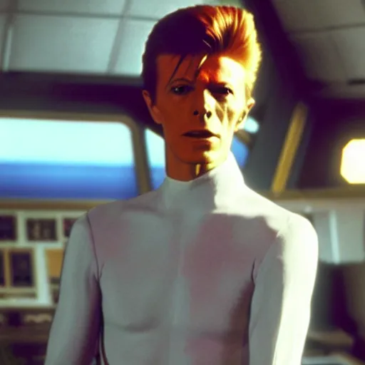 Image similar to A young David Bowie on the bridge of a starship, movie still,colour