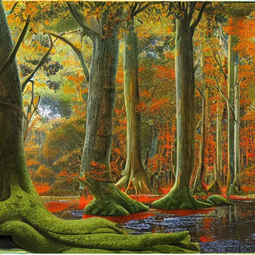 Prompt: wide-shot-Exterior of the tutela of the Mesophytic Vermillion Grove, Arborescent architecture, by John Howe and by Audubon, vibrant CMYK dye overpainting, gouache-and-airbrush-embellishments, Wide Shot 4K result, symmetry