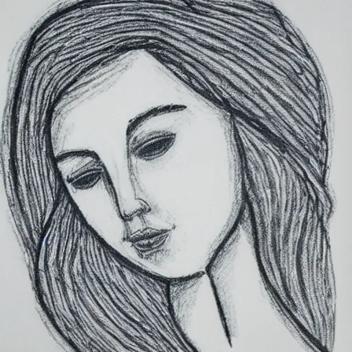 Image similar to portrait of a caring woman as line drawing in pressed black crayon on French light blue paper,slight wove texture