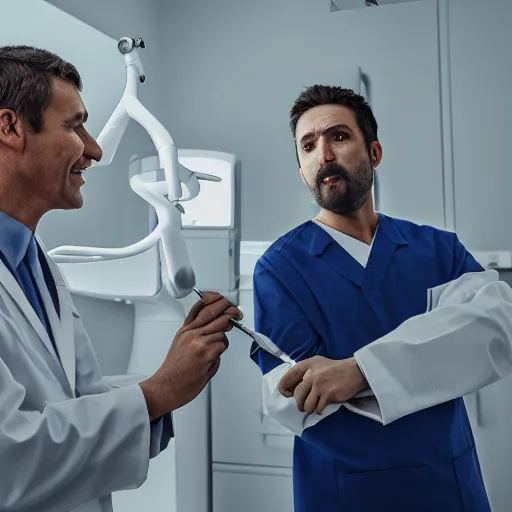 Image similar to a evil dentist preparing to pull a scared mans teeth, 4k photorealistic, cinematic