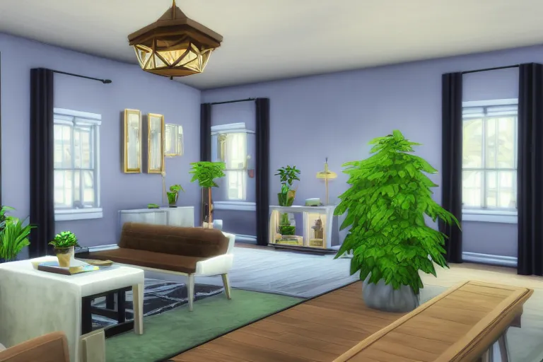Prompt: Sims 4 chic room interior, god rays shining through windows, 8k, trending on artstation