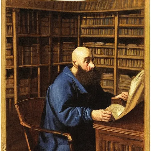 Prompt: Dimly lit library with wide shelves. On the side is a 20 year old bald man with a short length full brown beard and vibrant blue eyes sitting with gloom and depression by Jan Matejko. Dark.
