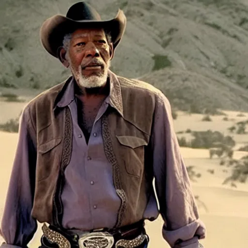 Prompt: an film still of morgan freeman as cowboy with beard, western background