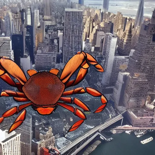 Image similar to A gigantic, huge crab, destroying New York City, ultra realistic