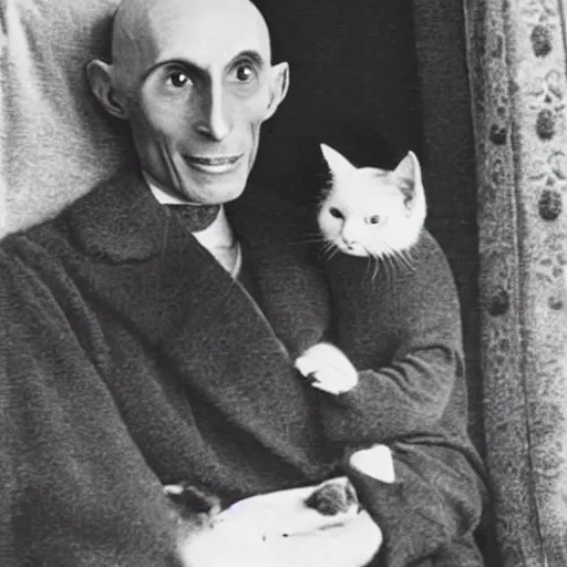 Image similar to count orlok cozy in bed, snuggling his kitty, very peaceful and relaxing photograph, black and white