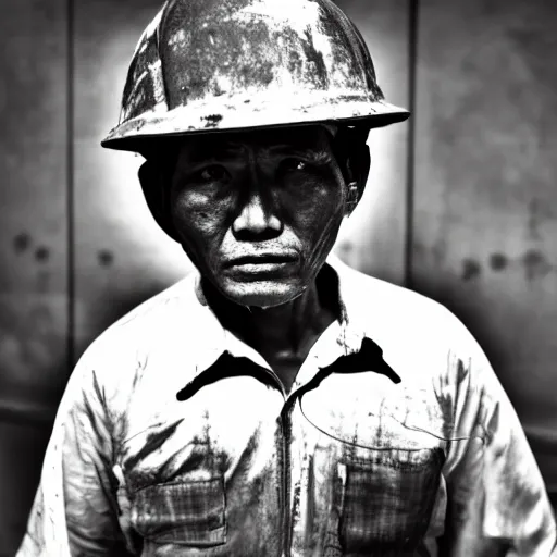 Prompt: a dramatic portrait of worker from asia, cinematic lighting