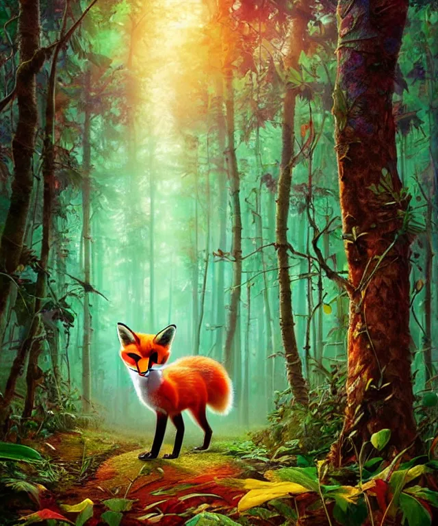 Image similar to a single realistic fox, walking through a psychedelic forest, wide angle landscape shot, pixar style by tristan eaton, artgerm and tom bagshaw