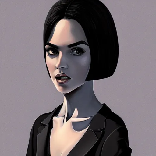 Image similar to slim girl in tuxedo with short black hair, elegant, 2d, ultra highly detailed, digital painting, smooth, sharp focus, artstation, portrait art by Ilya Kuvshinov