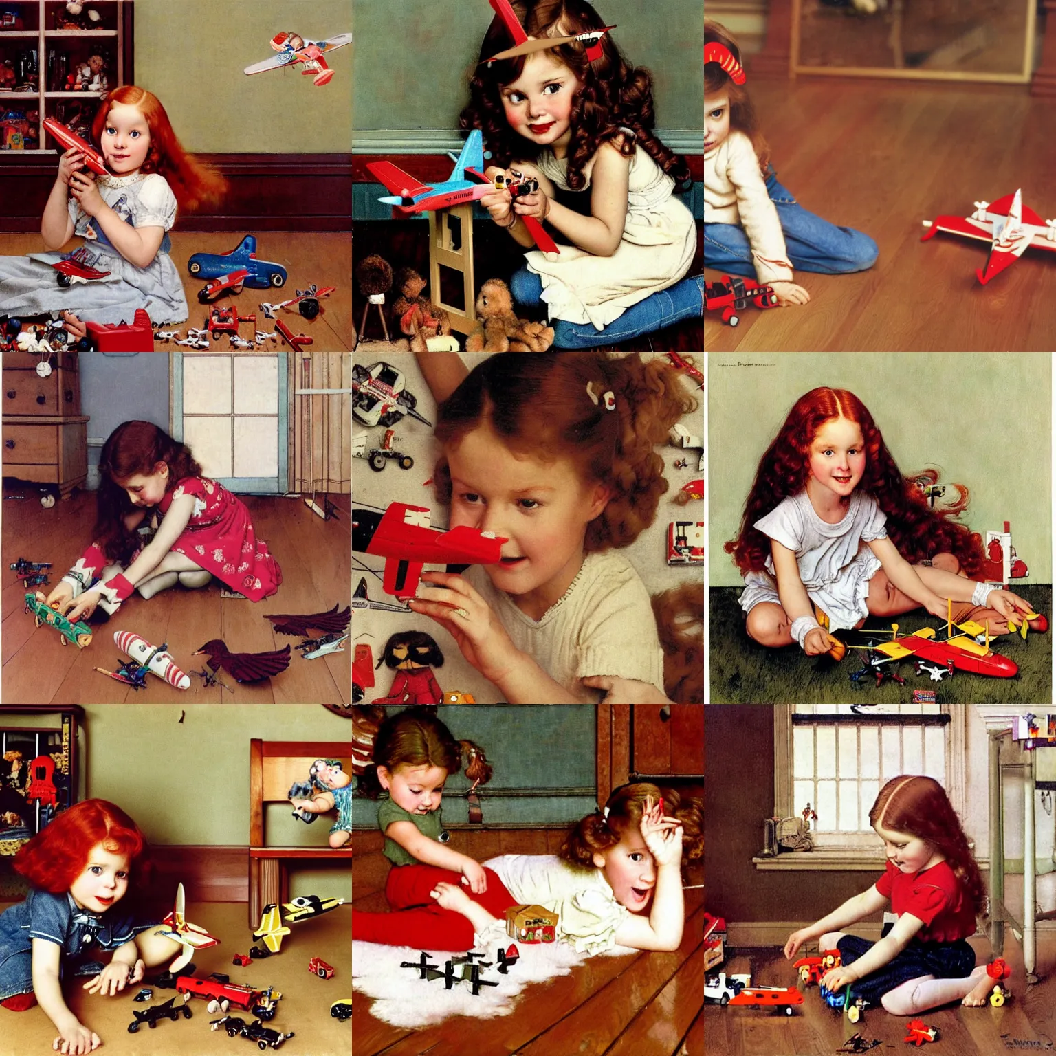 Prompt: A beautiful young girl with long red hair and small wooden wings sitting on the floor, surrounded by toys , and playing with a toy airplane, by Norman Rockwell