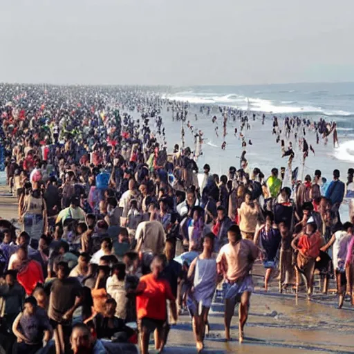 Prompt: a crowd of people run away from the tsunami