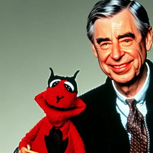 Image similar to Mister Rogers holding a devil puppet on his hand