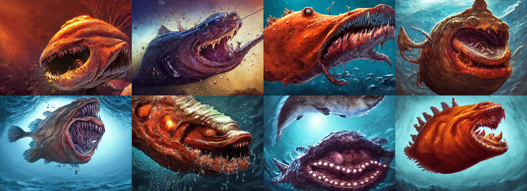 Prompt: a monstrous mutant anglerfish with mouth wide open, underwater, by raf grassetti, ( ( ( horror art ) ) ), close up, wide angle, dramatic lighting, highly detailed digital painting