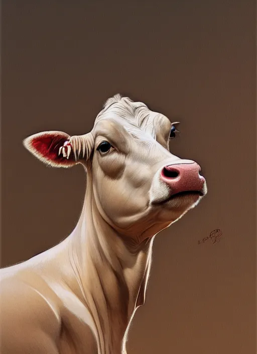 Image similar to portrait of cow, highly detailed, centered, solid color background, digital painting, artstation, concept art, smooth, sharp focus, illustration, artgerm, donato giancola, Joseph Christian Leyendecker, Les Edwards, Ed Repka, WLOP