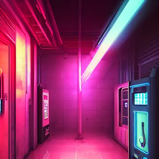 Prompt: a vending machine dimly neon lighting a dark alley, futuristic, cyber, sci - fi, volumetric light, foggy atmosphere, artstation, highly detailed, sharp focus, digital art, trending,, by greg rutkowski and gaston bussiere, vibrant lush neon lighting, beautiful volumetric - lighting - style atmosphere, futuristic atmosphere, intricate, detailed, photorealistic imagery