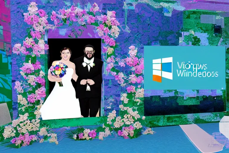 Image similar to microsoft windows 9 5 wedding, vaporwave