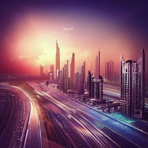 Prompt: “most advanced Dubai city dramatic lighting detailed beautiful sunset lights birds clouds proportional symmetrical minimalism photorealistic sky render octane architecture design planning”