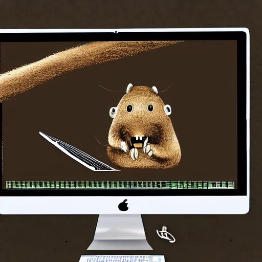 Prompt: a giant rodent is trying to eat imac monitor. folk horror art style