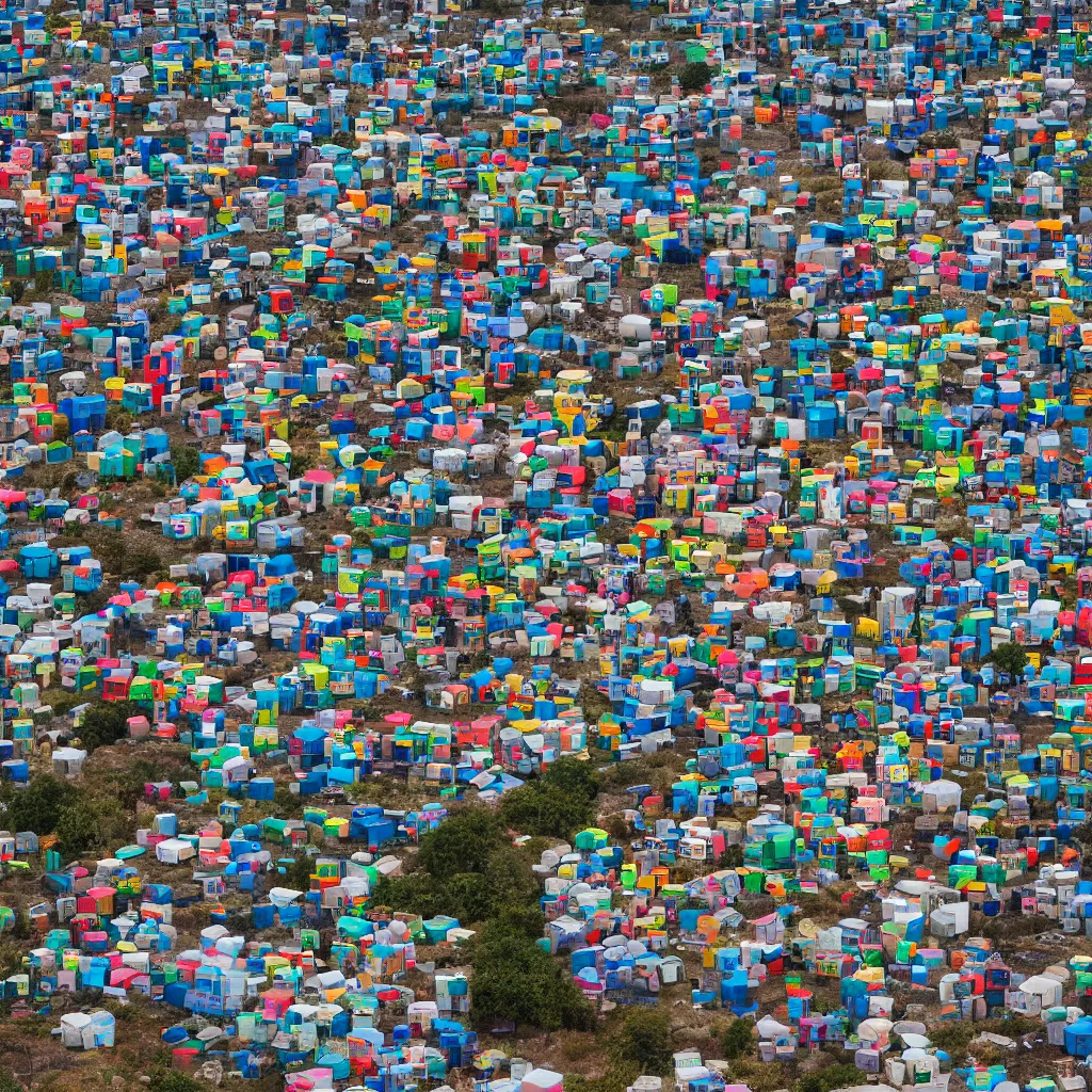 Image similar to a short circular tower, made up of colourful makeshift squatter shacks, vertical blank spaces, dystopia, sony a 7 r 3, f 1 1, fully frontal view, photographed by jeanette hagglund