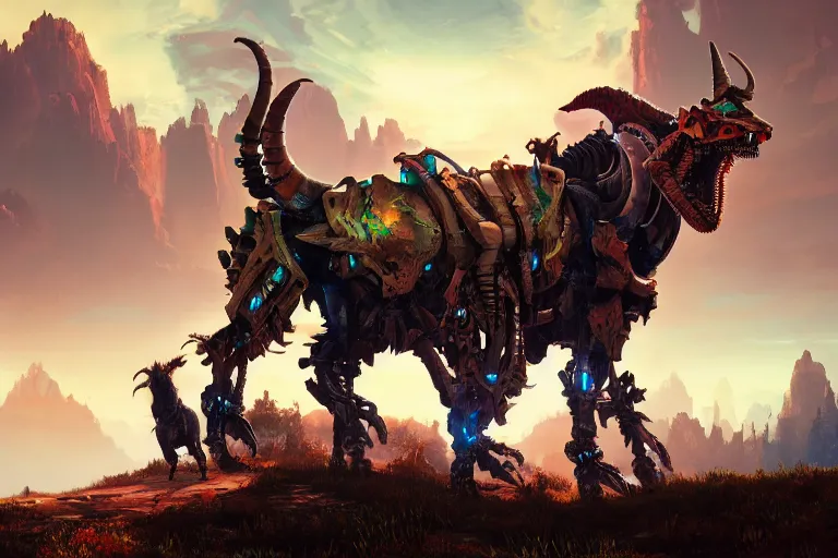 Image similar to grimhorn fanghorn machine mecanical creature robot of horizon forbidden west horizon zero dawn bioluminiscence global illumination ray tracing hdr fanart arstation by ian pesty and alena aenami artworks in 4 k