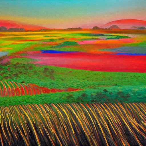 Prompt: abstract painting of a rice paddy, a man farming