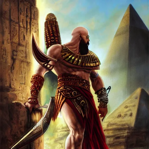 Image similar to kratos the god of war as an egyptian warrior, pharaoh, egypt, pyramids, by alex gray and android jones, karol bak, ayami kojima, amano, moebius, concept art, character design, fantasy, 3 d, 8 k resolution