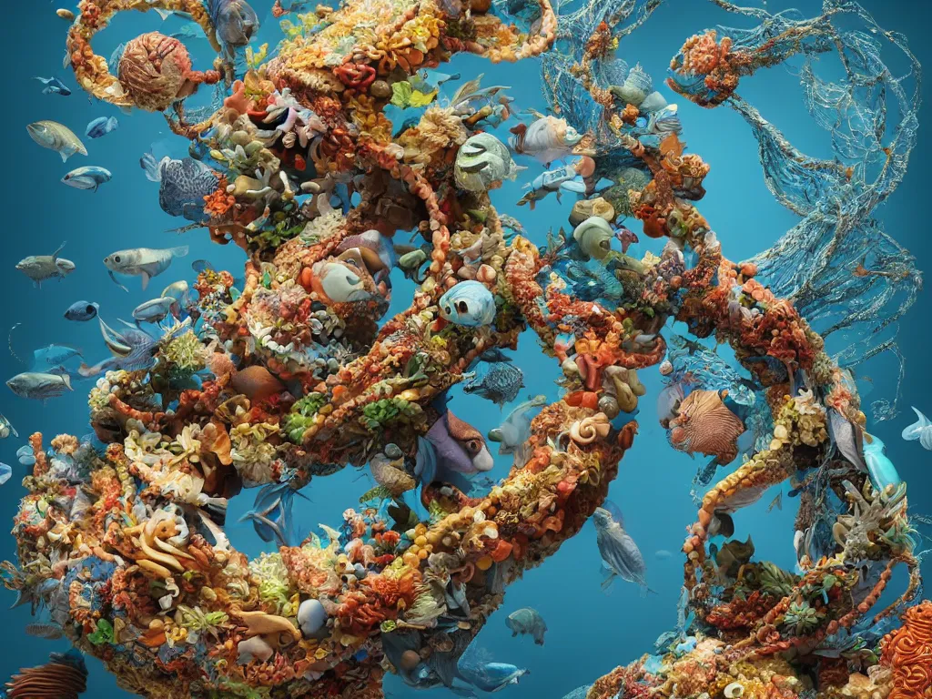 Prompt: a sculpture of fish ocean intertwined, a lovely cornucopia of flowers and human body parts, body parts, highly detailed, octane render, cinematic, shock, sharp focus, ball, an independent psycho,