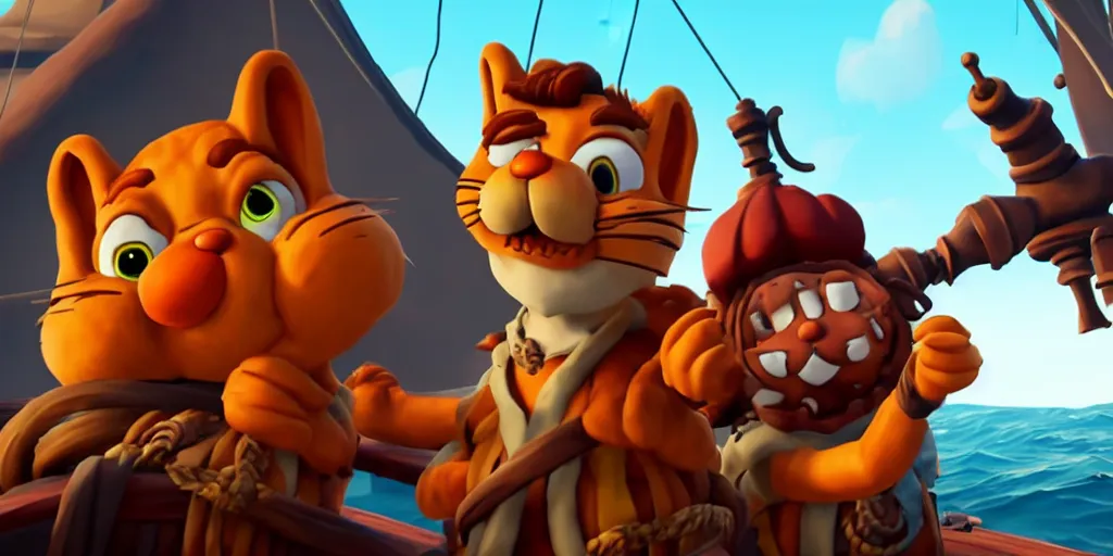 Prompt: selfie of garfield as a sea of thieves character, sea of thieves screenshot, storm, unreal engine, digital art