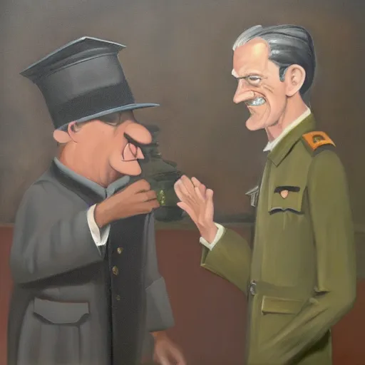 Prompt: oil painting of dr doofenshmirtz meeting mussolini