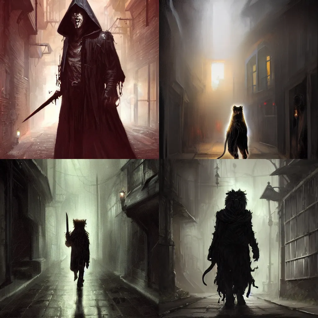 Prompt: A digital painting of a teenage lion in a dark rainy alleyway wearing a dark glowing black cloak while holding a long dagger dripping of blood in his right hand, by Stanley Artgerm Lau, frank frazetta, Rossdraws, James Jean, gerald brom, and Sakimichan, trending on artstation, cinematic lighting, SFW version