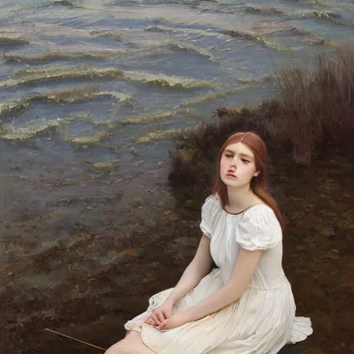 Prompt: a painting of a girl in a white dress, laying on her back in a river, long hair, ophelia, an oil painting by jeremy lipking, behance contest winner, figurative art, detailed painting, oil on canvas, pre - raphaelite