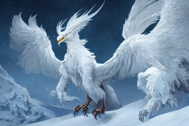 Image similar to Snow gryphon on a beautiful fantasy landscape, mountainside, winter, moonlit, HD, illustration, epic, D&D, fantasy, intricate, elegant, highly detailed, digital painting, artstation, concept art, smooth, sharp focus, illustration, wallpaper, art by artgerm and greg rutkowski and alphonse mucha and jin xiaodi