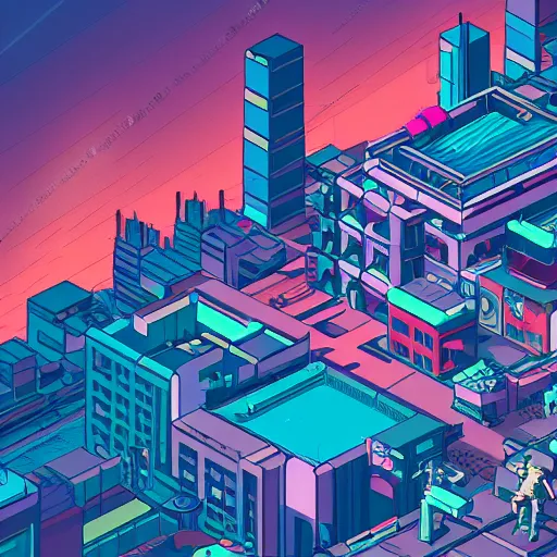 Image similar to isometric view of a cyberpunk city, samurai viewing the city from a rooftop, vaporwave skyline