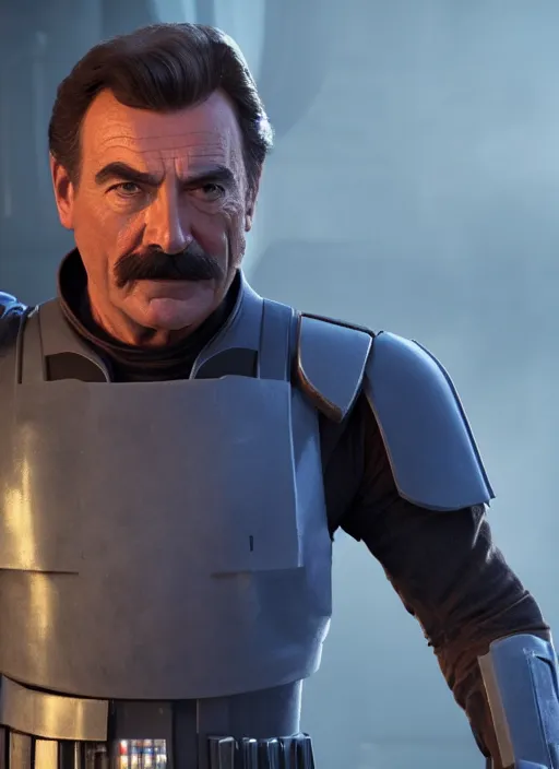 Image similar to film still of tom selleck as cal kestis in star wars jedi fallen order, gameplay, 8 k, hd