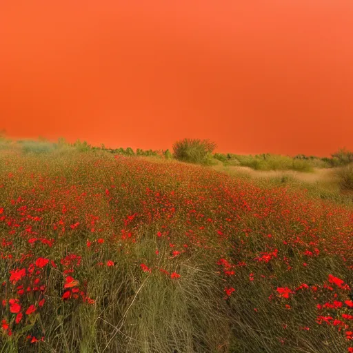 Image similar to an orange sandstorm cloud approaching red flowerfield in the desert