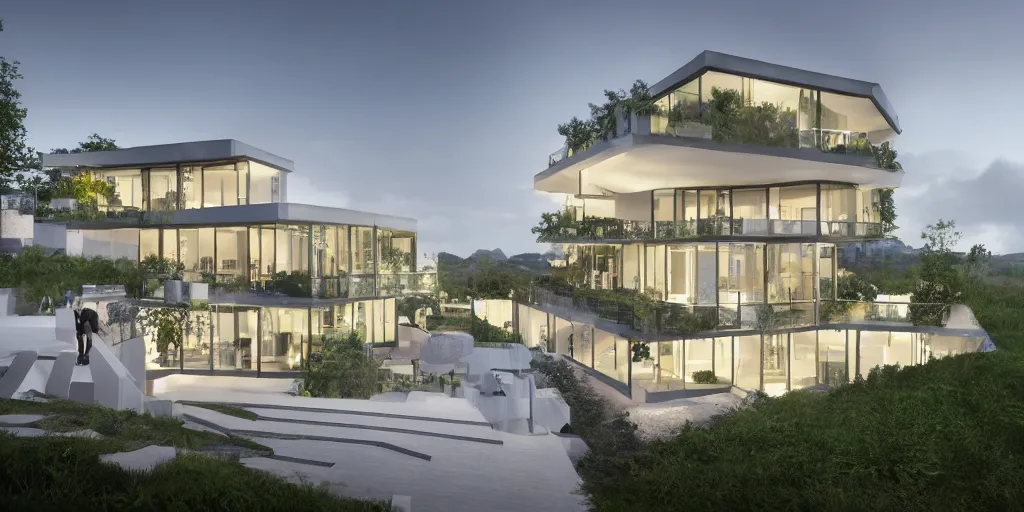 Prompt: 3d rendering of beautiful nature meets architecture concept of a residential house by Bjarke Ingels Group, volumetric lighting, luxury, high detail, 14mm, glass railing, outdoor staircase, terraces, roof garden, cinematic photography, cg architects, high resolution