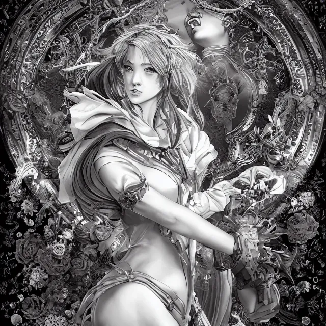 Image similar to the portrait of chaotic evil female necromancer mastermind as absurdly beautiful, gorgeous, elegant, sophisticated young gravure idol, an ultrafine hyperdetailed illustration by kim jung gi, irakli nadar, intricate linework, bright colors, octopath traveler, final fantasy, unreal engine 5 highly rendered, global illumination, radiant light, detailed and intricate environment