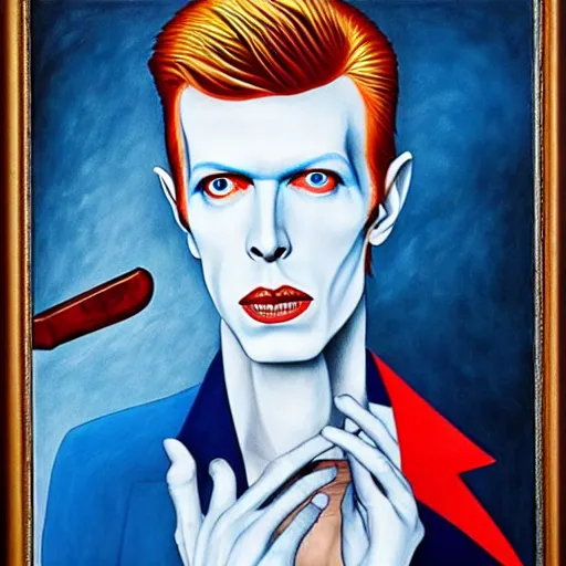 Image similar to the thin white duke holding a Bowie knife james jean masterpiece