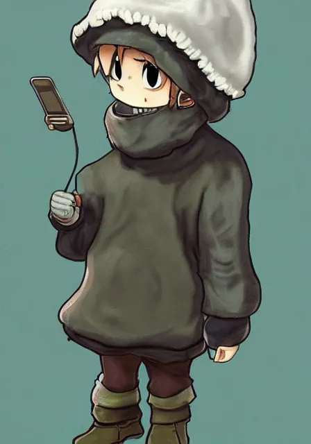 Prompt: little boy wearing sheep suit using a smartphone, gray, blue, green and brown pallet color. made in abyss art style, inspired in kris from deltarrune, cute detailed artwork, anatomically correct