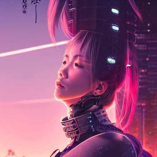 Image similar to portrait futuristic Samurai Girl, in future cyberpunk tokyo rooftop , ssci-fi, fantasy, intricate, very very beautiful, elegant, human anatomy, neon light, highly detailed, digital painting, artstation, concept art, smooth, sharp focus, illustration, art by tian zi and WLOP and alphonse mucha