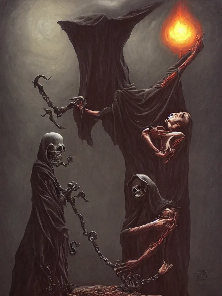 Image similar to the grim reaper pulling the soul out of a humanoid mushroom. Dark fantasy horror painting by Gerald Brom. Trending on artstation