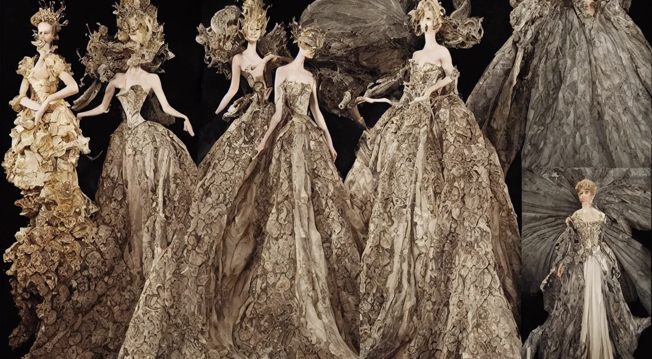 Image similar to fashion design inpired by fairy tale, for dragon queen, designed by alexander mcqueen, rococo