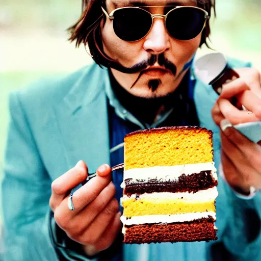 Image similar to johnny depp eating orange cake coloured film photography, 5 0 mm film