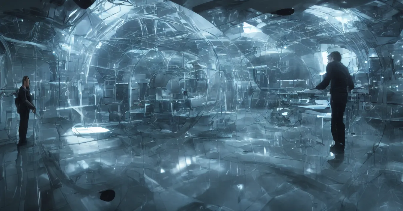 Prompt: realistic image from scifi movie with desperate scientist being sucked into refractive tesseract, in futuristic laboratory room, particles with difractions, reflections, volumetric fog light, dark atmosphere, dramatic cinematic composition, depth, defocus, rendered in vray, raytracing, raymarching, by ilm, digital domain, weta digital