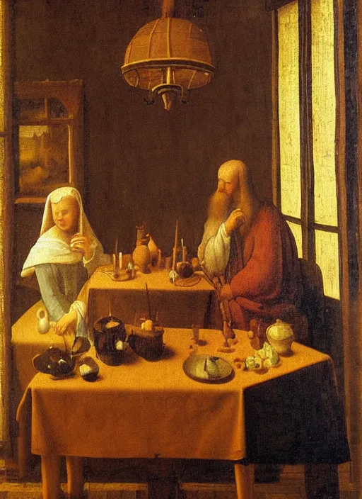 Image similar to a candlelit table at the inn, two people sitting at the table, swirling smoke, dark smoke, realistic, in the style of leonardo da vinci, dutch golden age, amsterdam, medieval painting by jan van eyck, johannes vermeer, florence