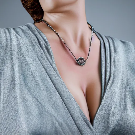 Image similar to ultra - photorealistic, a portrait of a woman that only shows her neck and chest, with a pendant with the letter p, and also shows the dress she is wearing, ultra - photorealistic, 4 k, 8 0 0 mm, uhd. winning photo of the year