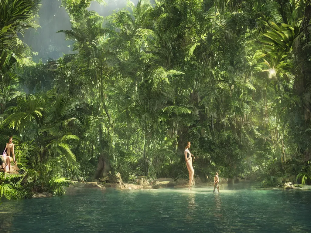 Prompt: Gigantic statue of woman's face in the jungle and tiny human adventurer. Palm trees around and the river flowing near from the mountain. Shadows, water reflections. Sun rays, god rays, lens flares. Cinematic, ArtStation, realistic photograph, ambient, shades of green, Unreal Engine 5, rendered by Octane.