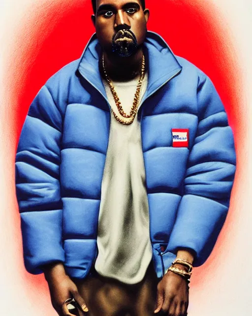 Prompt: kanye west in red puffer jacket, airbrush, drew struzan illustration art, key art, movie poster